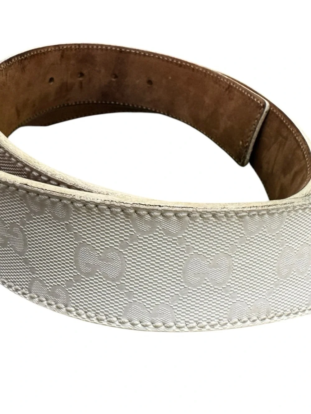 Gucci Cream Monogram Canvas Belt with Silver Double G Buckle